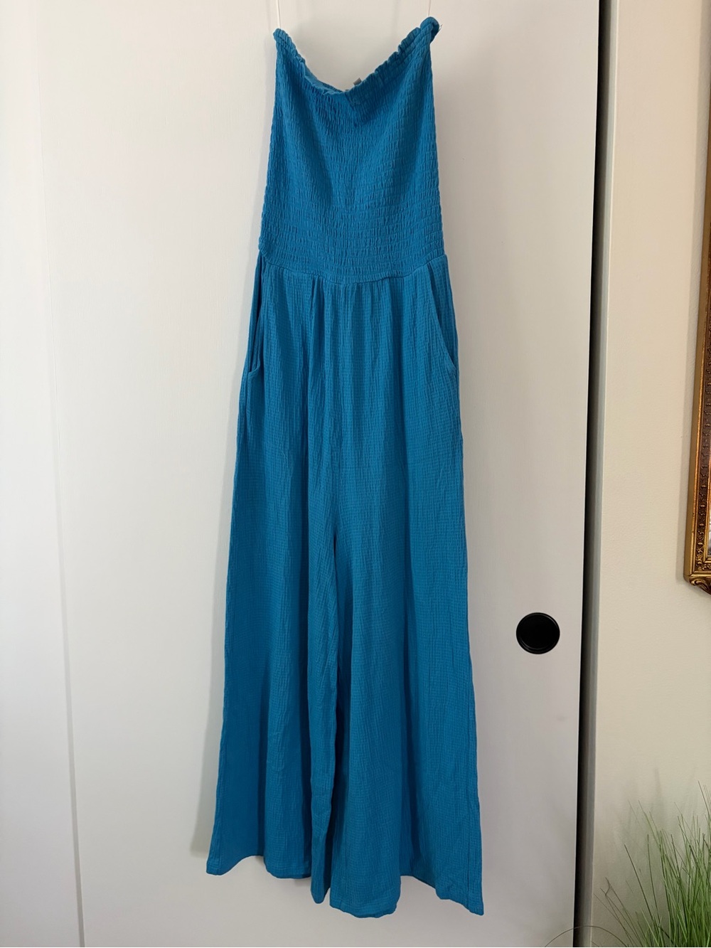 Blue Smocked Wide-Leg Jumpsuit
